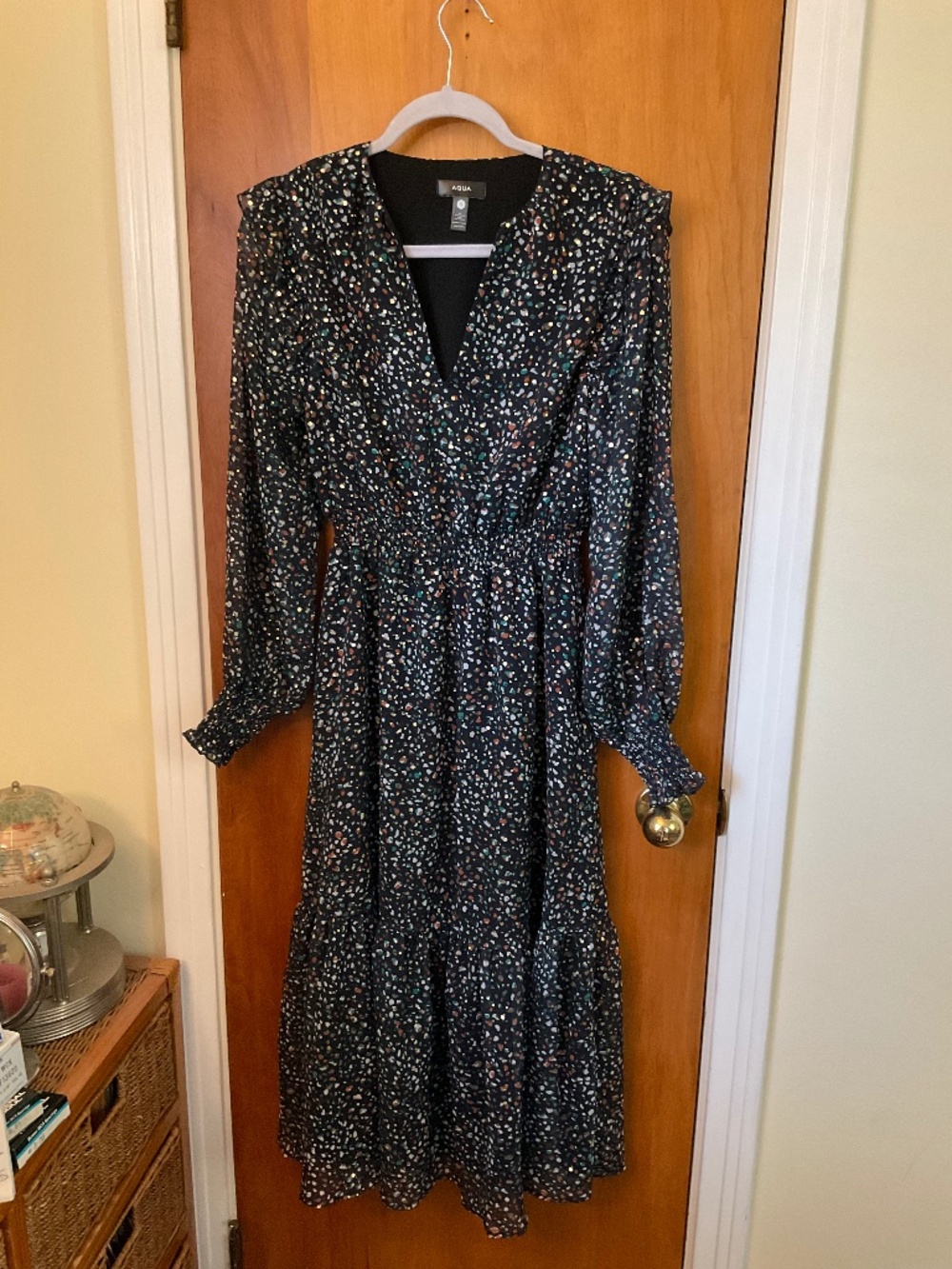 Aqua Dark Maxi Dress Sz S Dark Cottagecore Sheer Lined Gold Accents Boho
